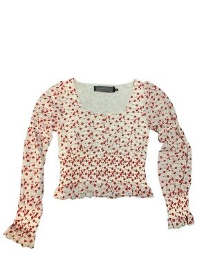 Smocked Square Neck Floral Blouse - White with Red Cherry Print